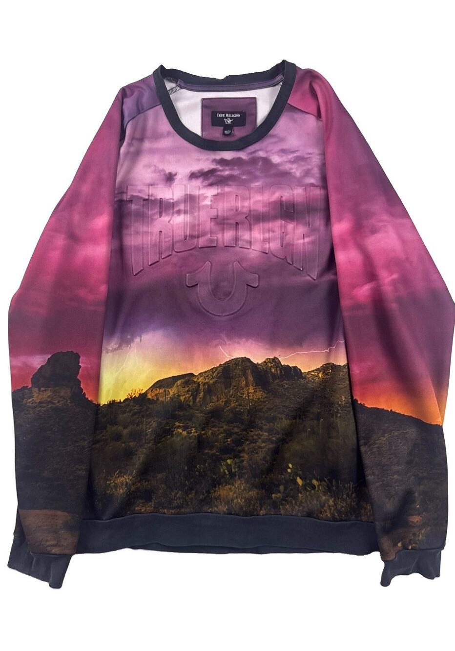 True Religion Sweatshirt Mens XL Pink Purple Desert Sunset Graphic Long Sleeve
